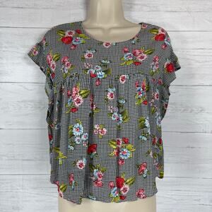 VTG Forever 21 Large Y2k black white check floral babydoll top whimsygoth cottag